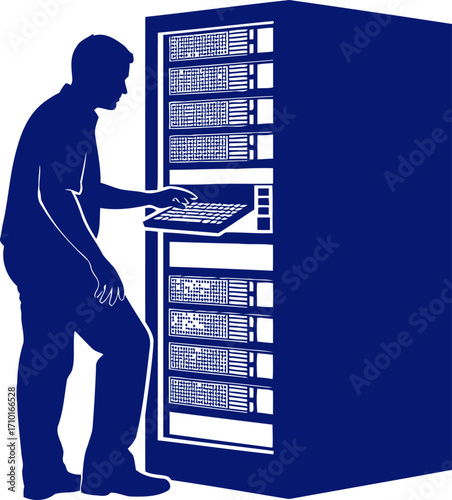 night shift data center dedicated technician maintaining server room, isolated on transparent background