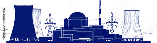 nuclear power plant silhouette blue energy, clean power future, isolated on transparent background