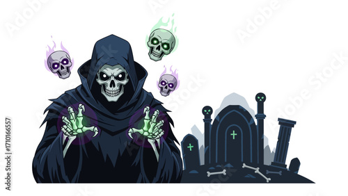Specter of the Night: A spectral figure, cloaked and skeletal, conjures ethereal skulls amidst a spooky cemetery setting, evoking the mystique and horror of Halloween.