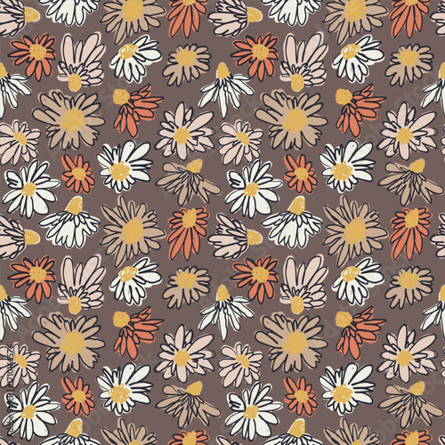 Seamless pattern with hand drawn abstract white ditsy flowers on brown background