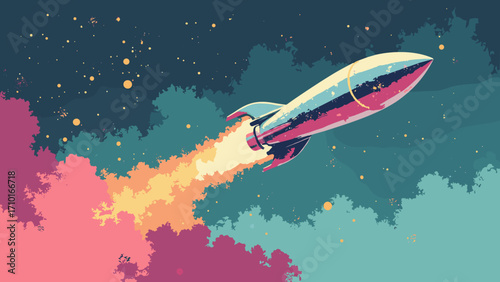 Retro futurism rocket — chrome rocket and atomic motifs, semicircular copyspace at bottom, palette: teal, magenta, gold