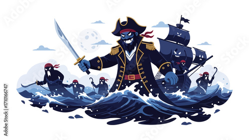 Pirate Ship in Stormy Sea: A bold pirate captain brandishes a gleaming cutlass, leading his crew through the tumultuous waves towards their grand adventure on the ship.