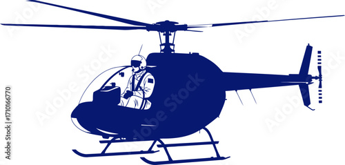 pilot soaring high a blue helicopter silhouette in flight, isolated on transparent background