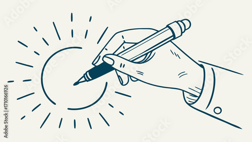 Hand Holding Pen Creating a Circle with Burst Effect