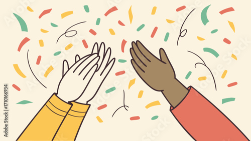 Illustrated hands clapping amidst colorful confetti celebrating success and achievement