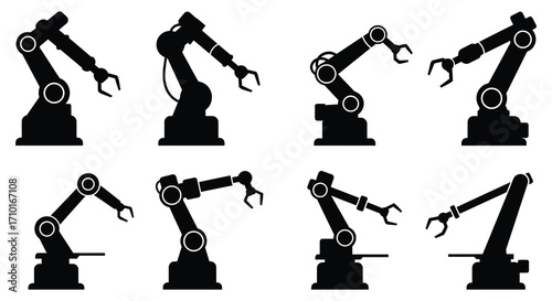 Multiple robotic arms in various positions displayed in a black and white style