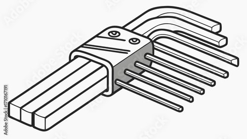 Isometric View of a Set of Hex Keys with Holder Black and White Line Art