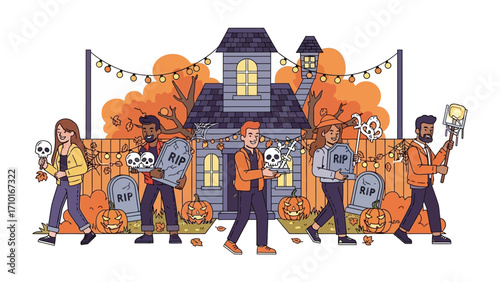 Spooky Halloween Gathering: A group of friends decked in Halloween costumes stride toward an illustrated haunted house, the air abuzz with the fun, fantasy, and traditions of this memorable festival.