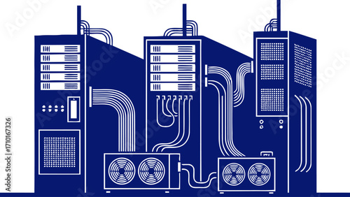 server room silhouette network power, digital core, data streams, isolated on transparent background
