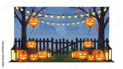 Halloween Display: A festive Halloween scene featuring illuminated jack-o'-lanterns and festive decorations. Capture the spirit of the spooky season.
