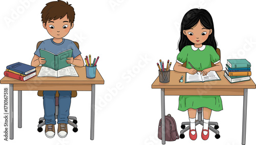 Children studying at school desks with books, pencils, and backpacks in classroom setting – education, homework, learning, vector illustration