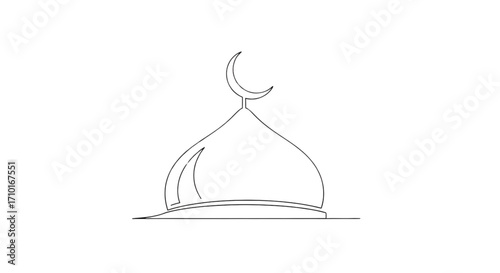 Continuous single line drawing of a mosque dome with a crescent moon, an Islamic symbol for Ramadan and Eid