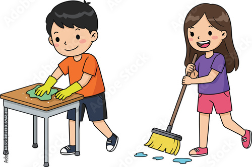 Cartoon children cleaning, teamwork, chores, wiping table, sweeping floor, responsibility, household activity, gloves, broom, spill, tidy, educational, cute, fun, helpful