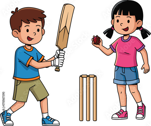 Boy batting, girl wicketkeeping, cartoon kids playing cricket, fun outdoor game, summer activity, colorful sports scene, childhood playtime, action moment