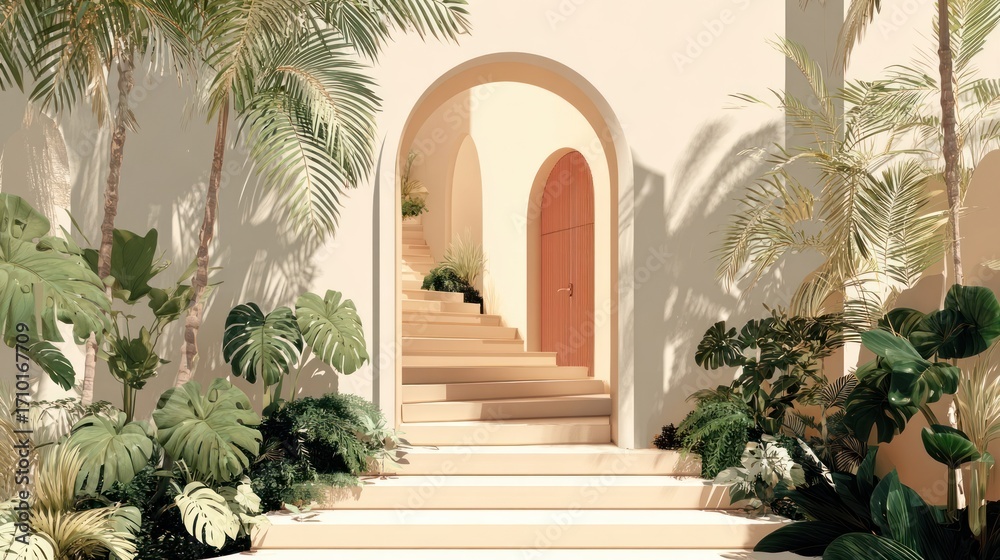 Fototapeta premium Aesthetic archway entrance with stairs and tropical plants in a serene and inviting outdoor setting with warm sunlight