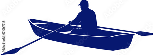 solitary rower a navy blue silhouette of peace and tranquility on water, isolated on transparent background