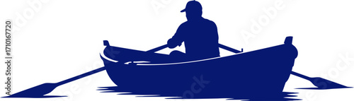 solitude on water serene blue silhouette of a man rowing a boat, isolated on transparent background