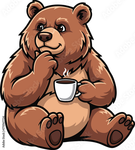 Thoughtful Cartoon Bear Enjoying Coffee Vector Illustration