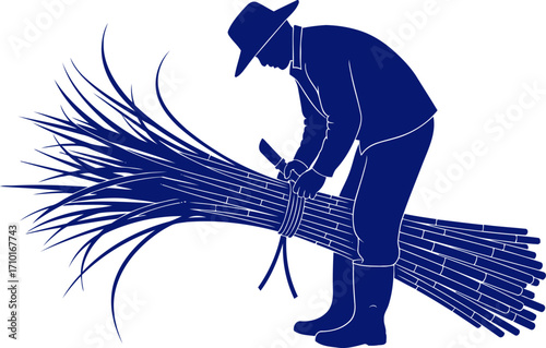 sugarcane farmers silhouette harvesting sweetness, rural labor, and agricultural bounty, isolated on transparent background