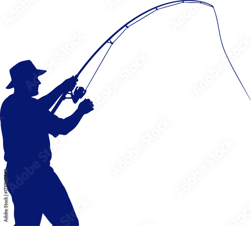 the anglers silent dance awaiting the catch, blue silhouette of patience and hope, isolated on transparent background