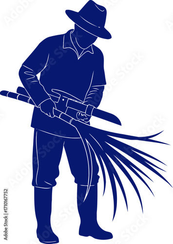 sugarcane harvester silhouette of a dedicated farmer at work, isolated on transparent background
