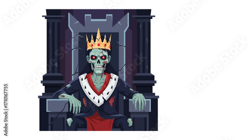 Undead Monarch on Throne: A chilling illustration portrays a skeletal king adorned in regal attire, seated upon a imposing throne, emanating an aura of dark power and eerie authority.