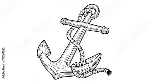Hand-drawn nautical anchor with rope, a monochrome vintage marine sketch illustration isolated on a white background