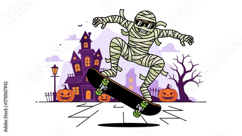 Halloween Mummy on Skateboard: A spirited mummy, wrapped in bandages, confidently rides a skateboard. Surrounded by the quintessential Halloween elements, including a haunted house, pumpkins.