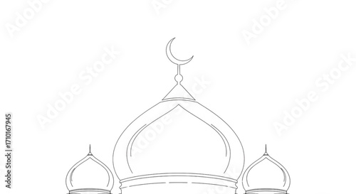 Elegant line art drawing of a mosque dome with a crescent moon, a minimalist vector icon for Islamic culture and religion