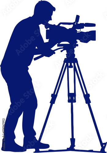 the cameramans blue silhouette a night film shoot, dramatic storytelling, isolated on transparent background