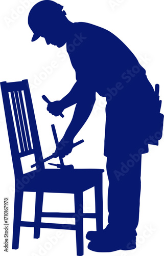 the carpenters quiet focus navy blue silhouette of skillful chair repair, isolated on transparent background