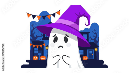 Boo-tiful Sadness: A whimsical illustration of a sad ghost, dressed in a witch's hat, set against a spooky Halloween backdrop. This charming piece captures a unique twist on the holiday.