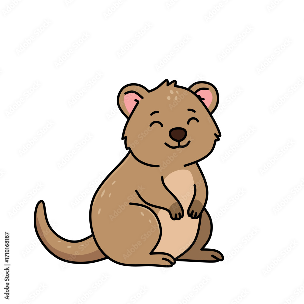 Obraz premium Cartoon quokka sitting happily, smiling marsupial from Australia, adorable vector illustration perfect for wildlife, kids, and education