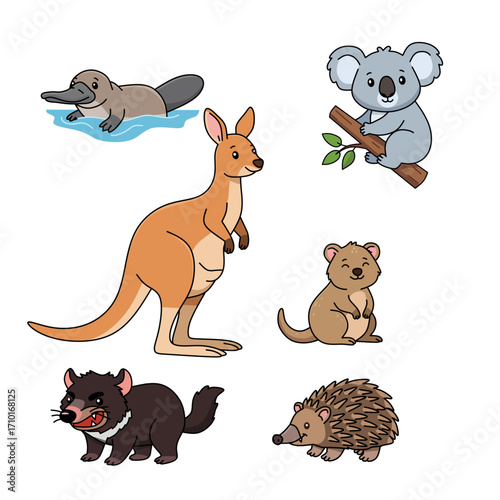 Cute cartoon illustration of Australian animals including kangaroo, koala, platypus, quokka, Tasmanian devil, and echidna. Fun wildlife vector design for kids and education