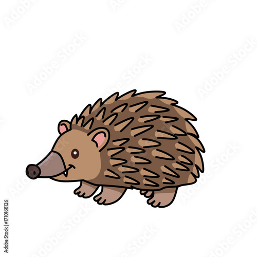 Cartoon echidna with spines, unique Australian monotreme animal illustration, cute wildlife vector for kids and education