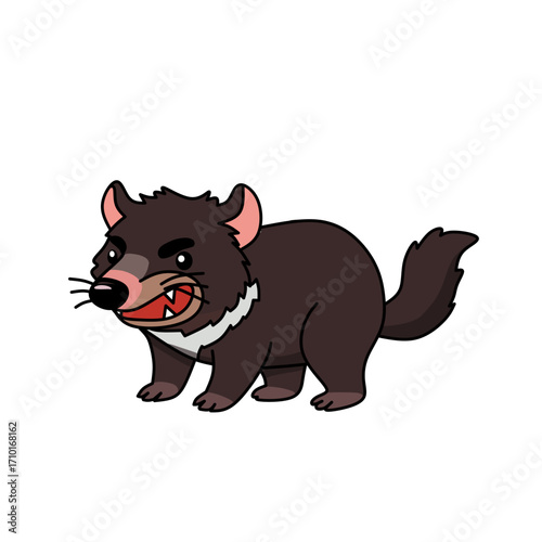 Cartoon Tasmanian devil with open mouth and sharp teeth, fierce but cute Australian animal illustration in vector style