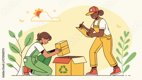 Two Delivery Workers Packing a Recyclable Box with Smiling Faces and Sunshine