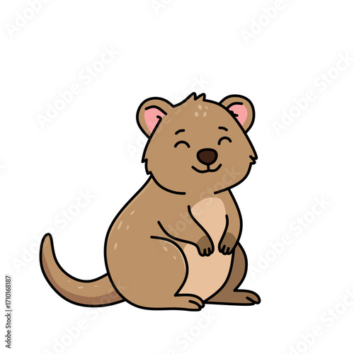 Cartoon quokka sitting happily, smiling marsupial from Australia, adorable vector illustration perfect for wildlife, kids, and education
