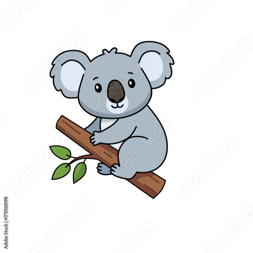 Cartoon koala sitting on eucalyptus tree branch, adorable Australian marsupial illustration, cute wildlife vector for children and education