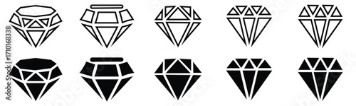 Set of Diamond icon Different shapes of diamond cuts. Dimond icon set in flat style. Abstract black diamond collection icons. Gemstone icon set. Diamonds.