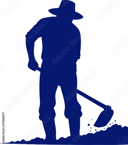 the farmers diligence a classic blue silhouette weeding the earth, isolated on transparent background