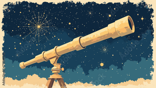 Telescope star charts — vintage telescope and star map overlays, generous lower copyspace for subtitle, palette: navy, cream, gold