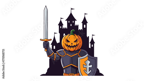 Halloween Pumpkin Knight: A fierce pumpkin-headed knight stands before a spooky castle, brandishing a sword and shield, ready for a night of spectral adventure. 