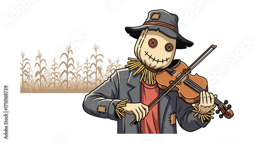 Harmony in the Harvest: An artful depiction of a whimsical scarecrow, bringing to life a classic autumn scene with a touch of musical charm.