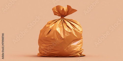 Orange plastic garbage bag isolated on beige background waste disposal concept - AI generated