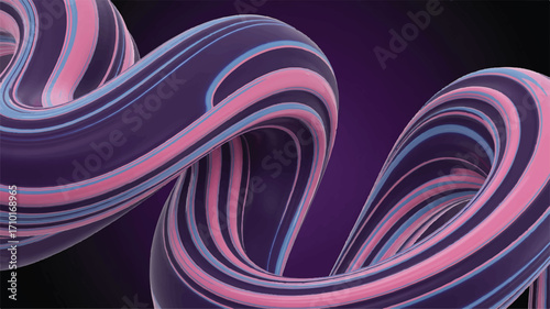Dynamic abstract 3D rendering featuring intertwining ribbons in rich purple, soft pink, and vibrant blue hues, creating a visually captivating and fluid design element