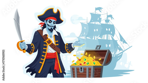 A Pirate's Treasure: A menacing pirate, clad in classic attire, stands guard beside a treasure chest overflowing with gold and jewels. A distant ship suggests adventure and plunder.