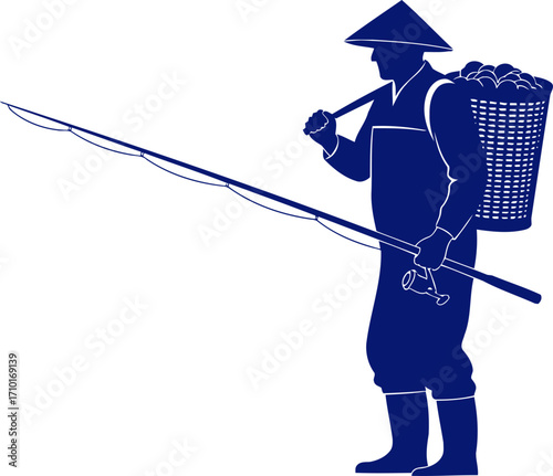 tranquil fisherman silhouette asian rice farmers evening catch, isolated on transparent background