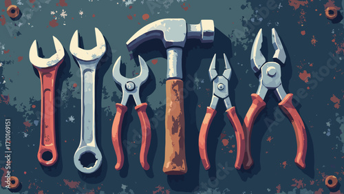 Tool radial — wrench, hammer, pliers in radial layout on oil-stained slate, top-left copyspace for title, palette: slate, rust, steel