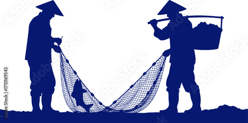 two asian fishermen teamwork a blue silhouette of coastal life and unity, isolated on transparent background